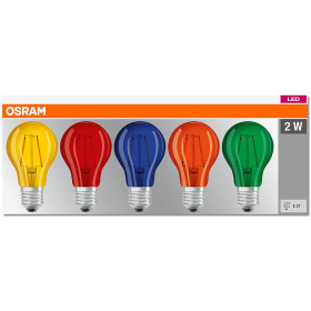 5xOsram LED Base Classic Lampe E27 Leuchtmittel 2W gelb, rot, blau, orange, grün